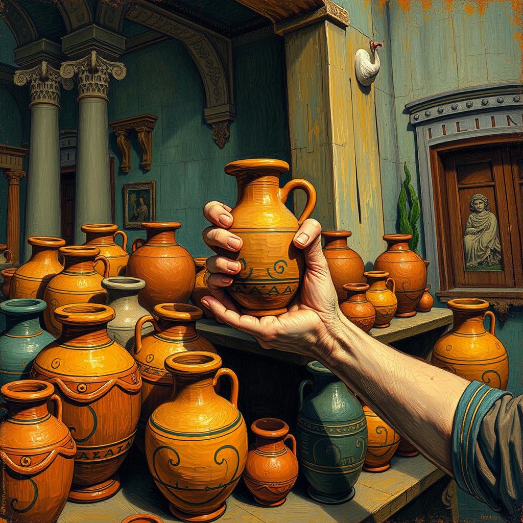 An image styled in the vibrant and expressive manner of Vincent van Gogh, showcasing a pair of hands delicately placing a clay amphora on a shelf surrounded by various other amphoras