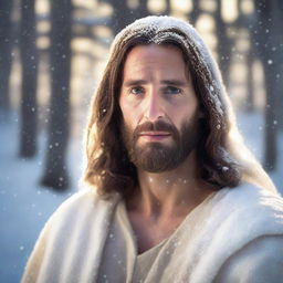 A portrait of Jesus of Nazareth set against a snowy and forested Siberian background with a gentle snowfall and warm aura emanating from him.