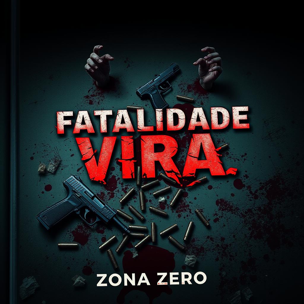 A dark background depicting a destroyed floor scattered with blood, featuring two weapons and pistol bullets littered across the scene
