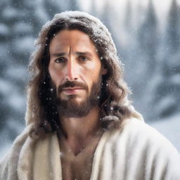 A portrait of Jesus of Nazareth set against a snowy and forested Siberian background with a gentle snowfall and warm aura emanating from him.