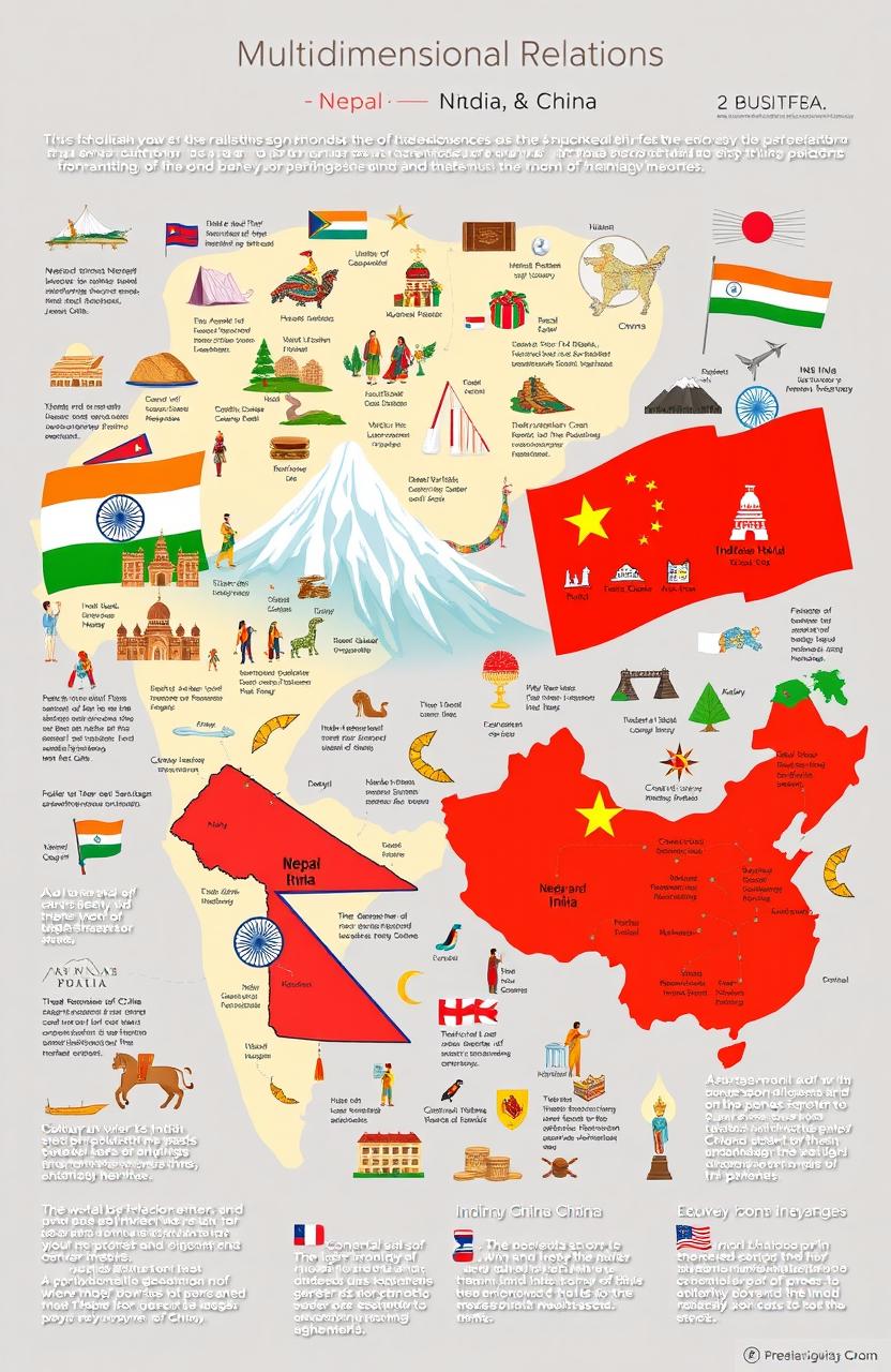 A detailed and informative illustration depicting the multi-dimensional relations between Nepal, India, and China