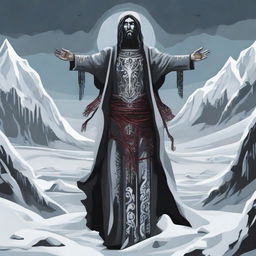 A gothic-styled symbolic representation of a figure amalgamating elements of rage and love, stylized as the 'Jesus of Siberia', amidst a harsh winter landscape.