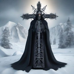 A gothic-styled symbolic representation of a figure amalgamating elements of rage and love, stylized as the 'Jesus of Siberia', amidst a harsh winter landscape.