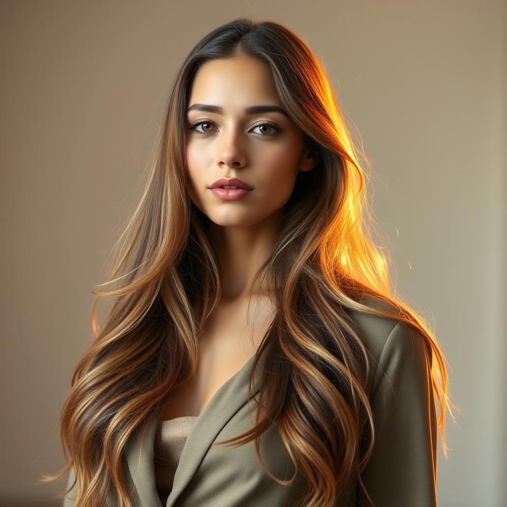 A beautiful portrait of a person with long, flowing hair, wearing a stylish outfit that suits their aesthetic