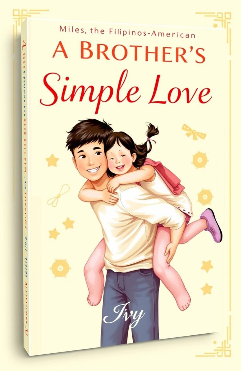 A warm and heartwarming book cover featuring a 17-year-old Filipino-American boy named Miles, playfully giving a piggyback ride to his little 4-year-old sister named Emily, who is also Filipino-American