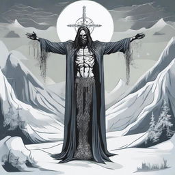 A gothic-styled symbolic representation of a figure amalgamating elements of rage and love, stylized as the 'Jesus of Siberia', amidst a harsh winter landscape.