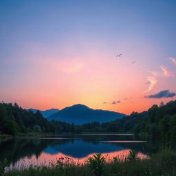 A serene dawn landscape featuring soft pastel colors in the sky blending from deep blue to light pink and orange hues
