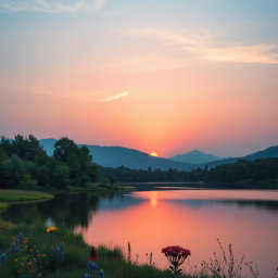 A serene dawn landscape featuring soft pastel colors in the sky blending from deep blue to light pink and orange hues