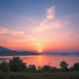 A serene dawn landscape featuring soft pastel colors in the sky blending from deep blue to light pink and orange hues