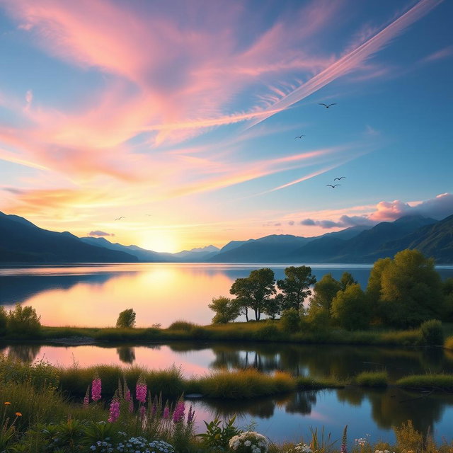 A serene dawn landscape featuring soft pastel colors in the sky blending from deep blue to light pink and orange hues