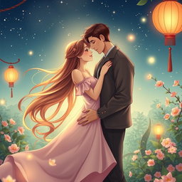 A romantic scene depicting a couple sharing a tender embrace under a starry sky, surrounded by soft glowing lanterns