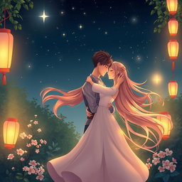 A romantic scene depicting a couple sharing a tender embrace under a starry sky, surrounded by soft glowing lanterns