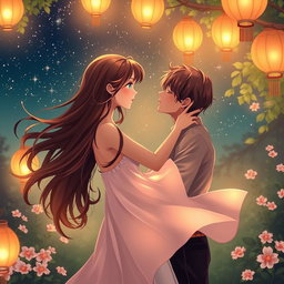 A romantic scene depicting a couple sharing a tender embrace under a starry sky, surrounded by soft glowing lanterns