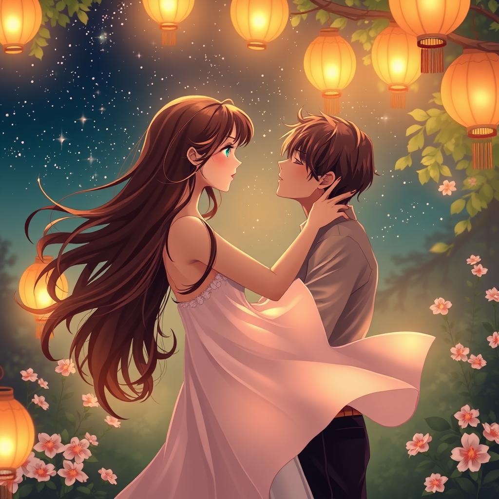 A romantic scene depicting a couple sharing a tender embrace under a starry sky, surrounded by soft glowing lanterns