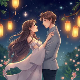 A romantic scene depicting a couple sharing a tender embrace under a starry sky, surrounded by soft glowing lanterns