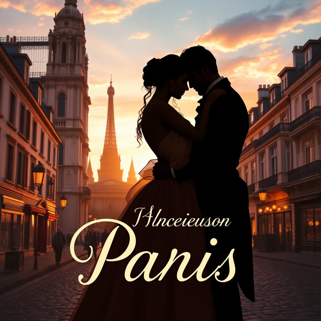 A romantic book cover set in 19th century Paris, featuring a silhouette of a young woman dressed in period clothing and a young gentleman embracing her lovingly