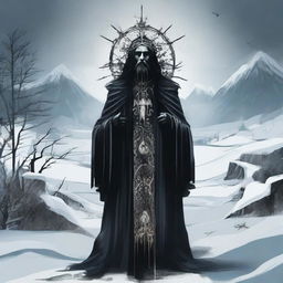 A gothic-styled symbolic representation of a figure amalgamating elements of rage and love, stylized as the 'Jesus of Siberia', amidst a harsh winter landscape.