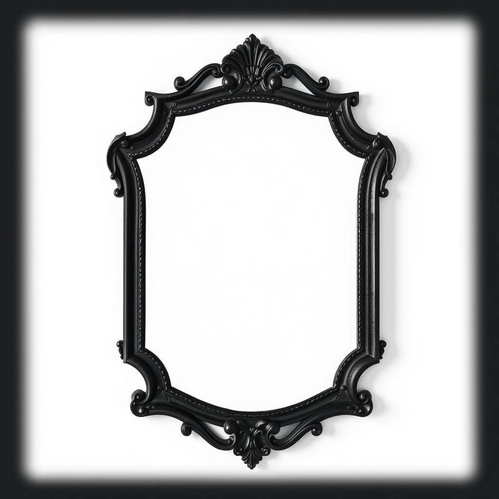 A simple white background featuring an elegant antique black border mirror positioned perfectly in the center