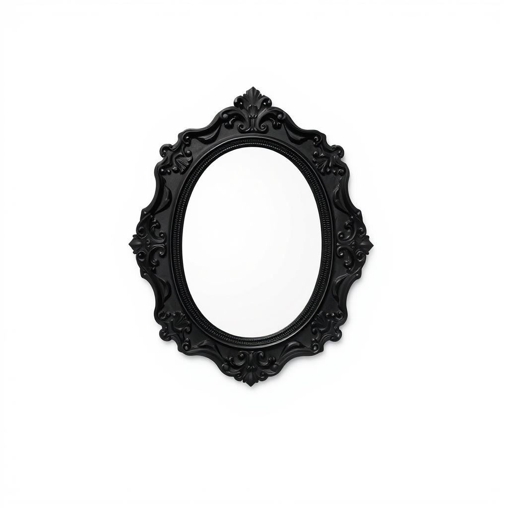 A simple white background showcasing an antique black border mirror elegantly placed in the center