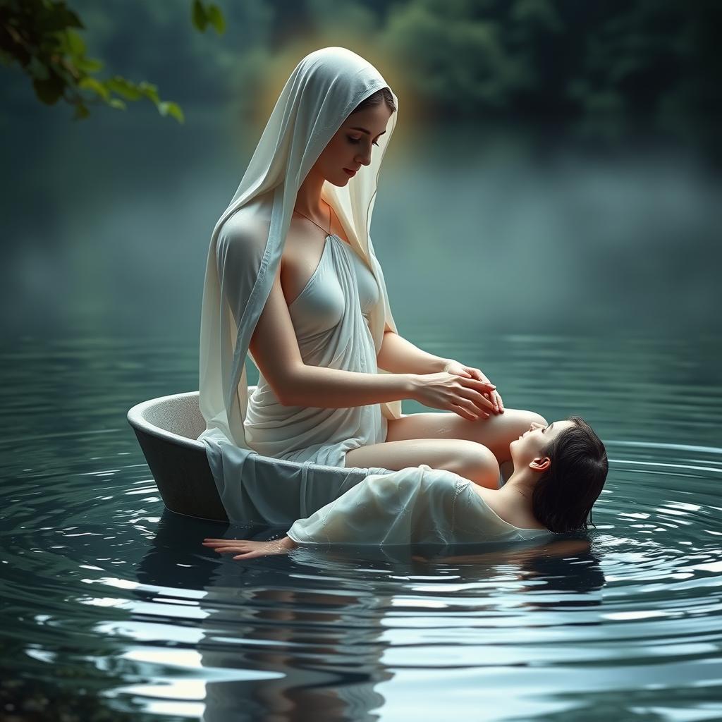 The Immaculate Virgin Mary, depicted as a serene and ethereal figure, taking a bath in a tranquil lake alongside a divine friend
