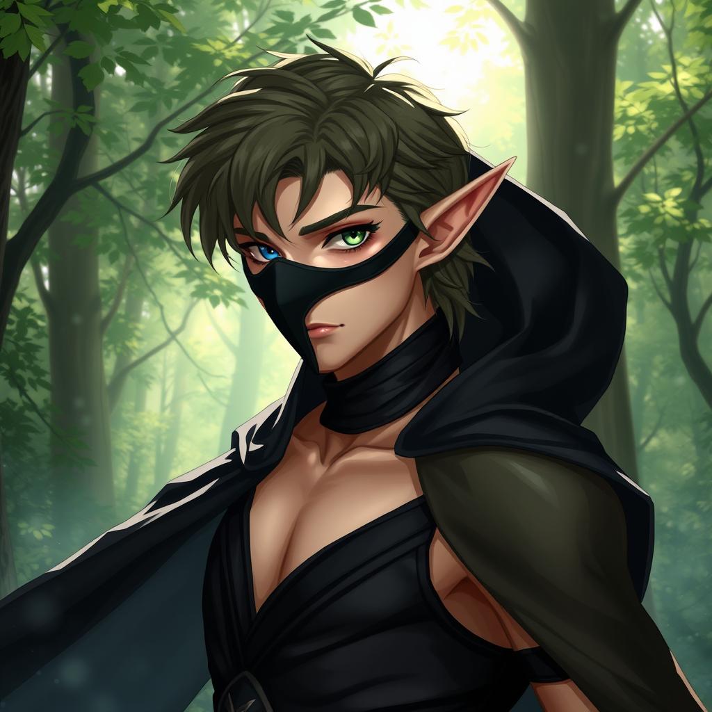 A male wood elf with striking features, showcasing one blue eye and one green eye, dressed in an elegant black outfit that highlights his lithe, agile physique
