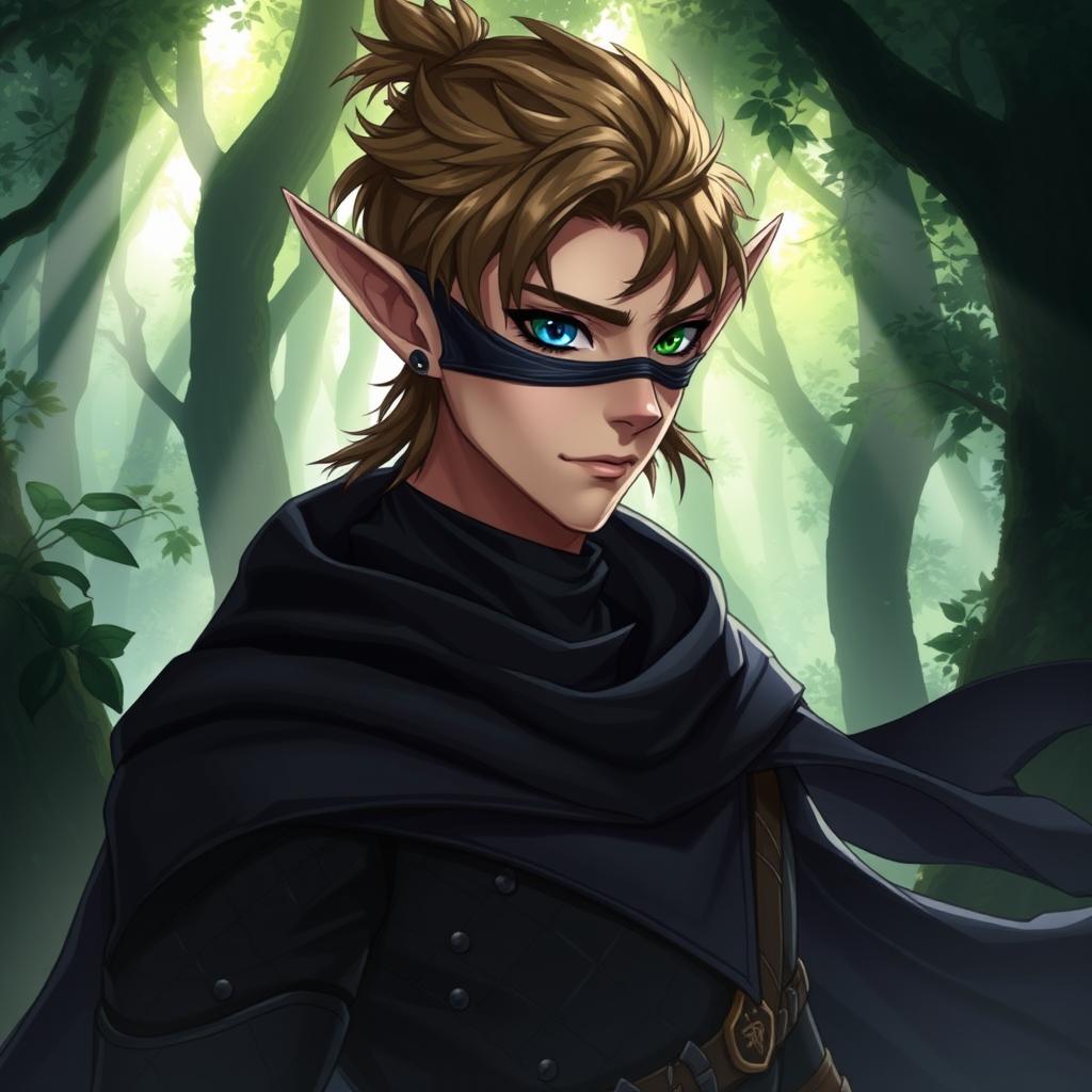 A male wood elf with captivating features, possessing one mesmerizing blue eye and one vibrant green eye