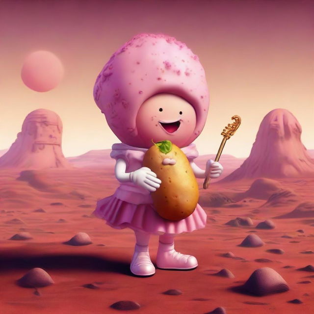 An anthropomorphized potato on the reddish terrain of Mars, amusingly playing a saxophone and eating a chimichanga, clad in a frilly, pink ballerina dress.