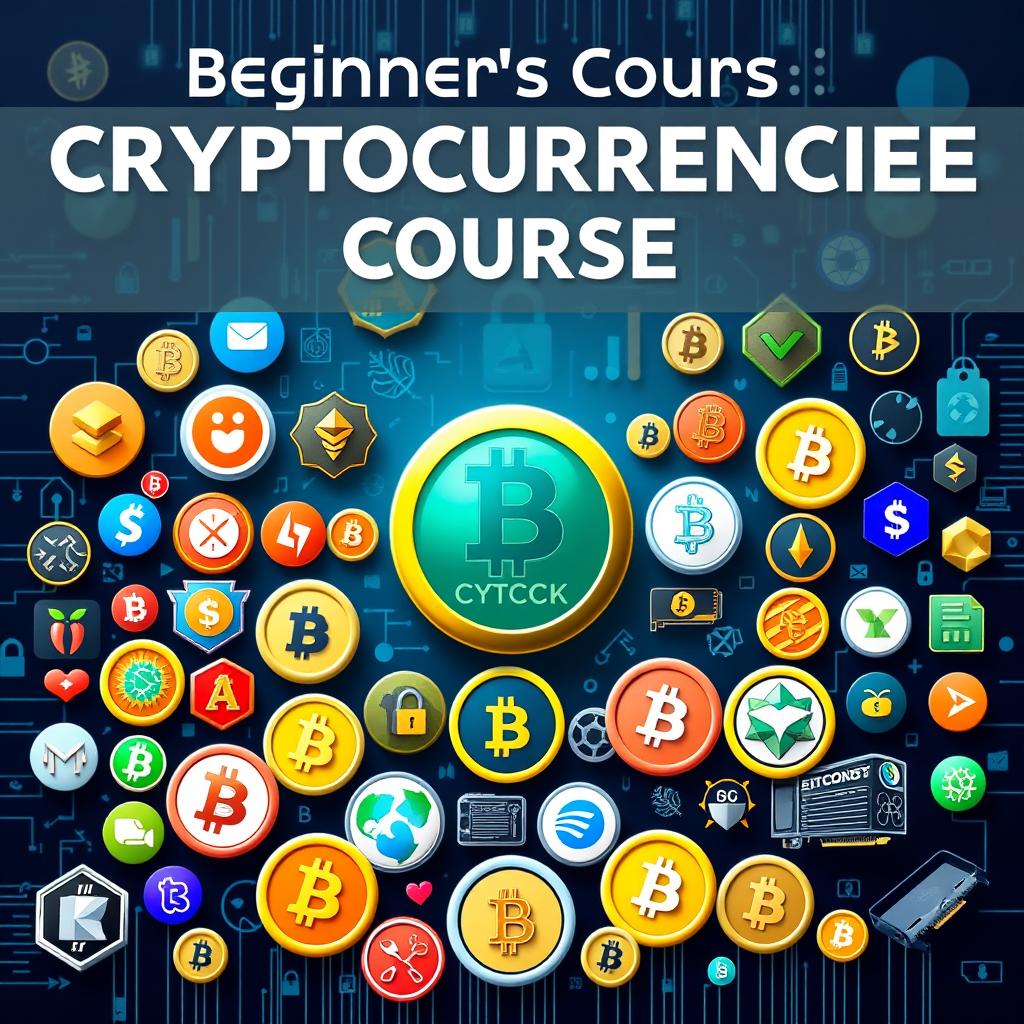 A vibrant and informative cover image for a beginner's course in cryptocurrencies