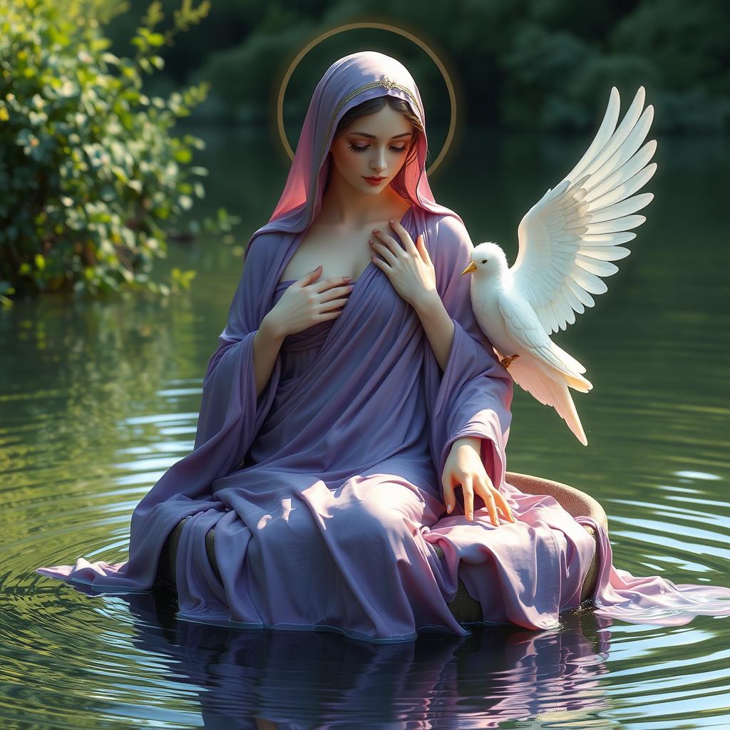 The Immaculate Virgin Mary, depicted as a serene and divine figure, taking a bath in a tranquil lake alongside a celestial companion