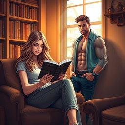 A young woman sits comfortably in a cozy reading nook, deeply engrossed in a novel