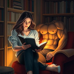 A young woman sits comfortably in a cozy reading nook, deeply engrossed in a novel