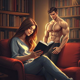 A young woman sits comfortably in a cozy reading nook, deeply engrossed in a novel