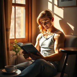A young woman is sitting in a cozy, sunlit reading nook, deeply absorbed in her novel