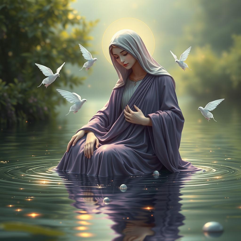 The Immaculate Virgin Mary, depicted as a graceful and divine figure, enjoying a bath in a tranquil lake with a celestial companion