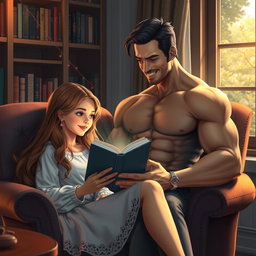 A beautiful girl with long, flowing hair sits comfortably in a cozy armchair, deeply engrossed in a novel