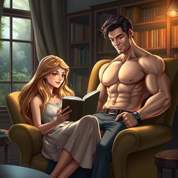 A beautiful girl with long, flowing hair sits comfortably in a cozy armchair, deeply engrossed in a novel