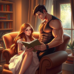 A beautiful girl with long, flowing hair sits comfortably in a cozy armchair, deeply engrossed in a novel