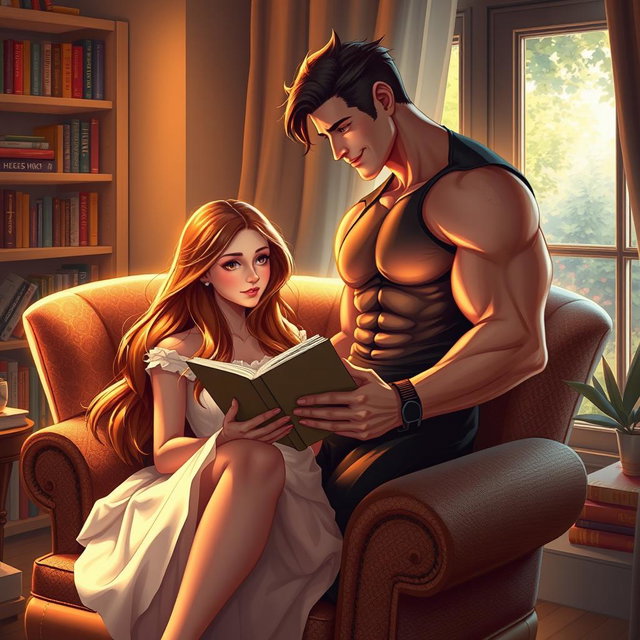 A beautiful girl with long, flowing hair sits comfortably in a cozy armchair, deeply engrossed in a novel
