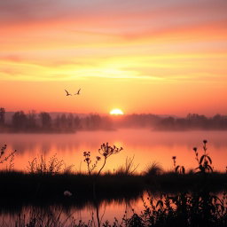 A tranquil dawn scene showcasing a breathtaking sunrise over a peaceful landscape