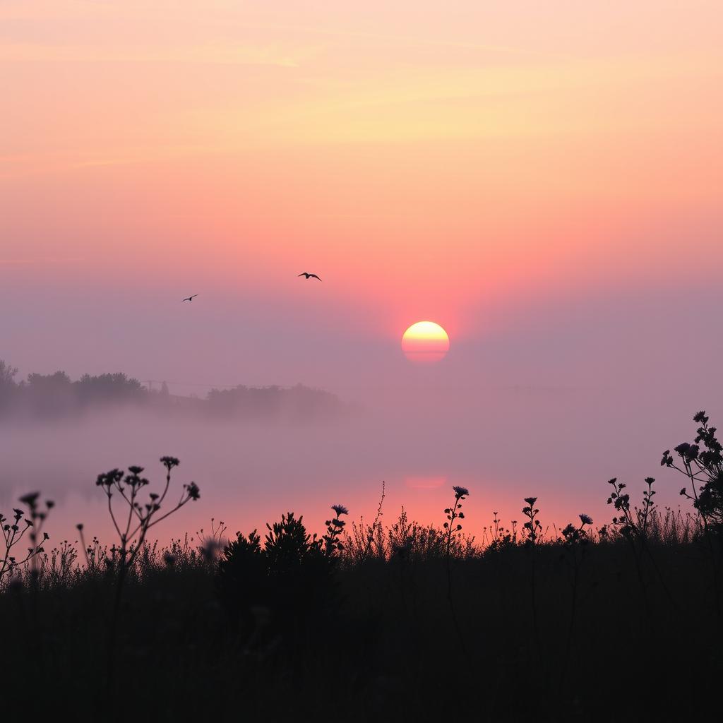 A tranquil dawn scene showcasing a breathtaking sunrise over a peaceful landscape