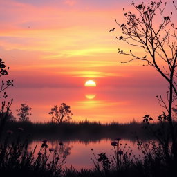 A tranquil dawn scene showcasing a breathtaking sunrise over a peaceful landscape