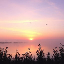 A tranquil dawn scene showcasing a breathtaking sunrise over a peaceful landscape