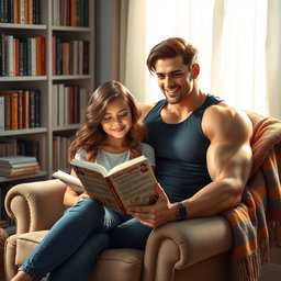 A lovely girl with wavy hair sits in a plush armchair, deeply immersed in reading a captivating novel