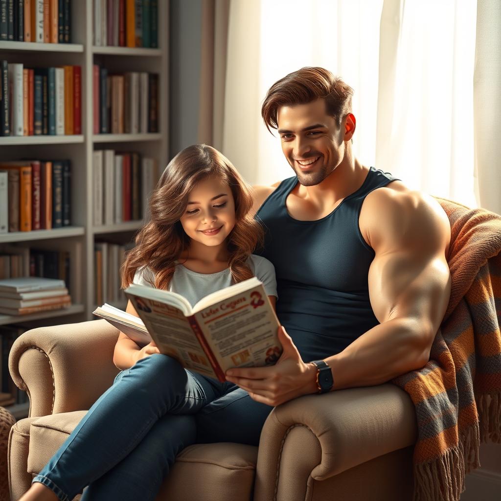 A lovely girl with wavy hair sits in a plush armchair, deeply immersed in reading a captivating novel