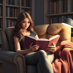 A lovely girl with wavy hair sits in a plush armchair, deeply immersed in reading a captivating novel