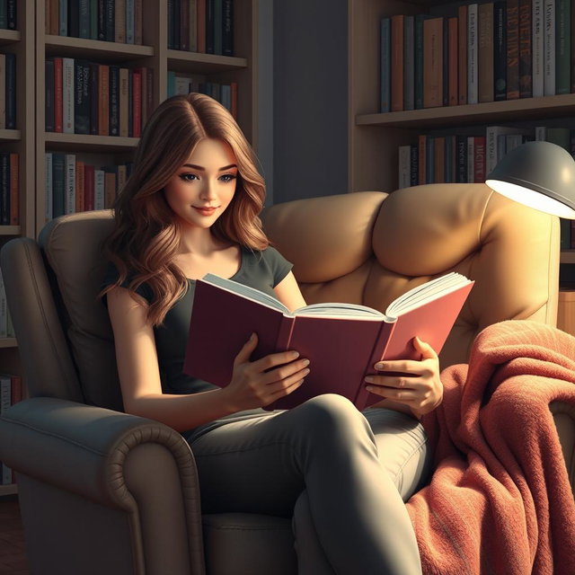 A lovely girl with wavy hair sits in a plush armchair, deeply immersed in reading a captivating novel