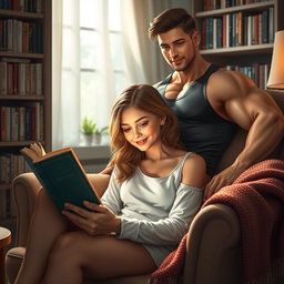A lovely girl with wavy hair sits in a plush armchair, deeply immersed in reading a captivating novel