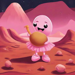 An anthropomorphized potato on the reddish terrain of Mars, amusingly playing a saxophone and eating a chimichanga, clad in a frilly, pink ballerina dress.