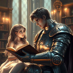 A lovely girl with cascading hair is seated in an elegantly decorated library, absorbed in reading a romantic novel