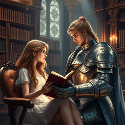 A lovely girl with cascading hair is seated in an elegantly decorated library, absorbed in reading a romantic novel